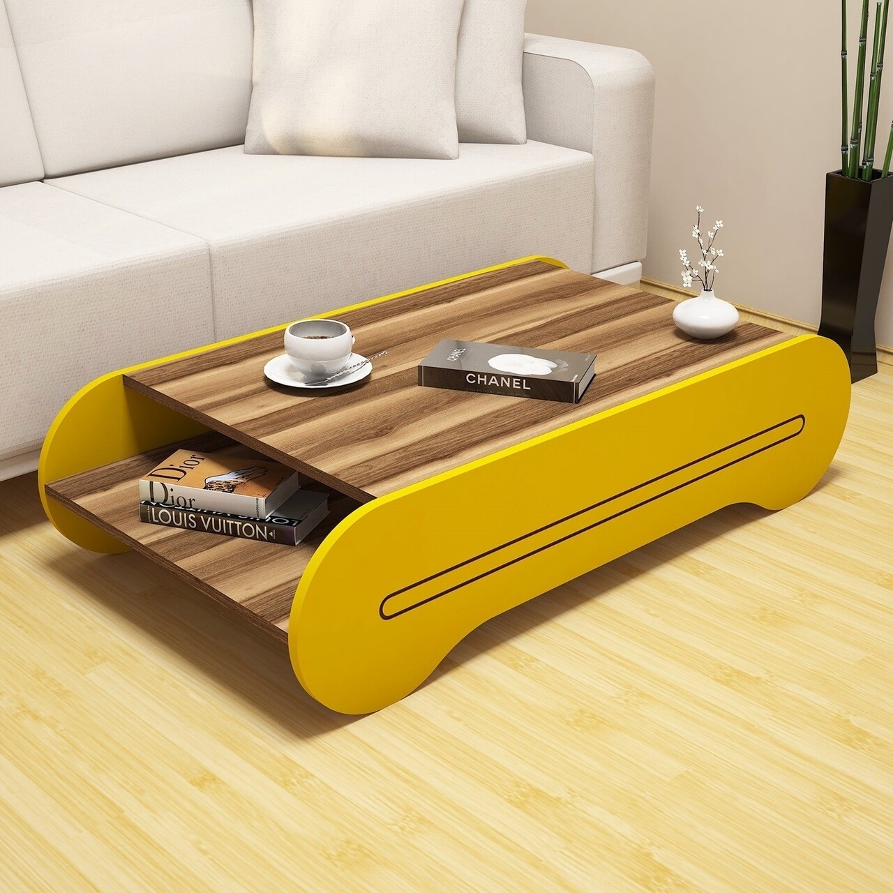 Masuta de cafea Cool Walnut, Hommy Craft, 120x64x30 cm, aluna/galben - imagine 5